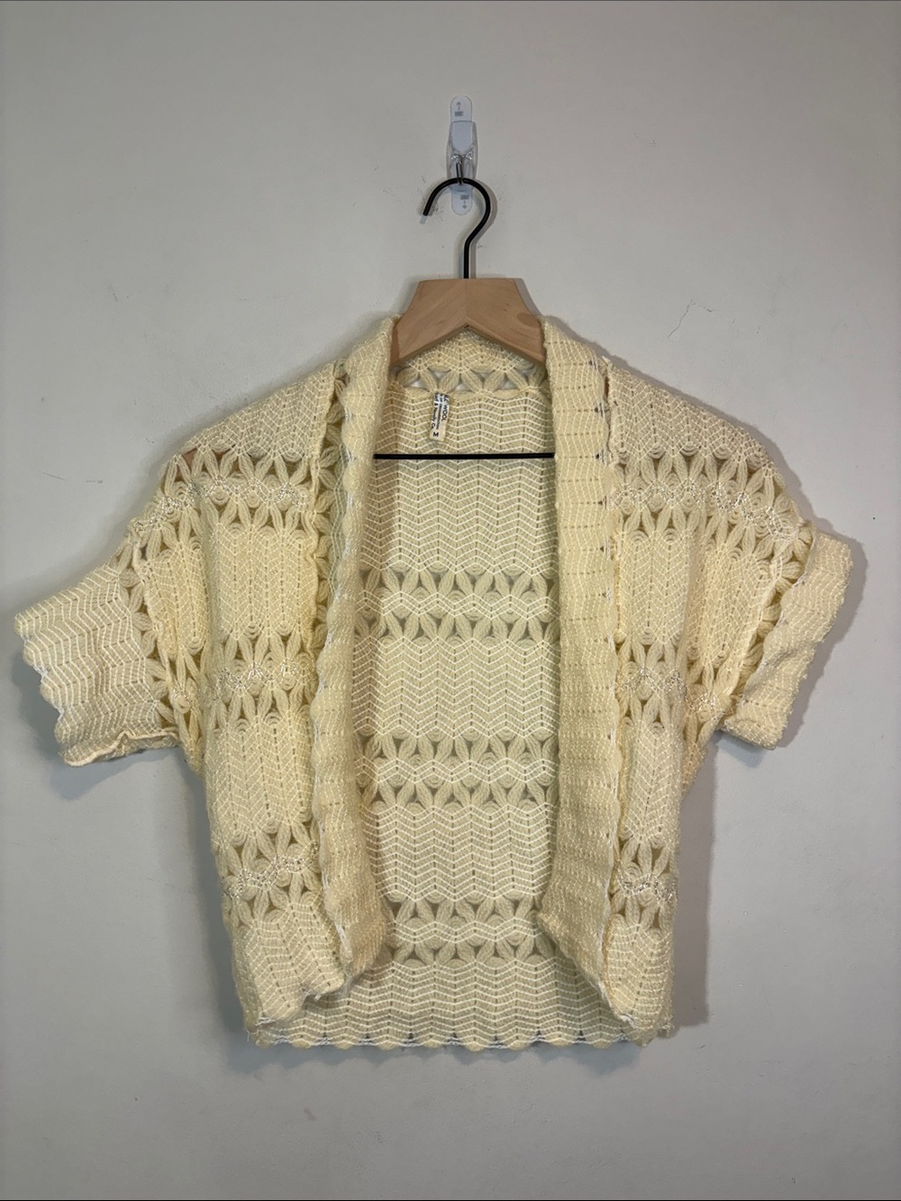 Cream Wool Short Sleeve Bolero Cardigan Open Front Metallic Thread All Wool VTG